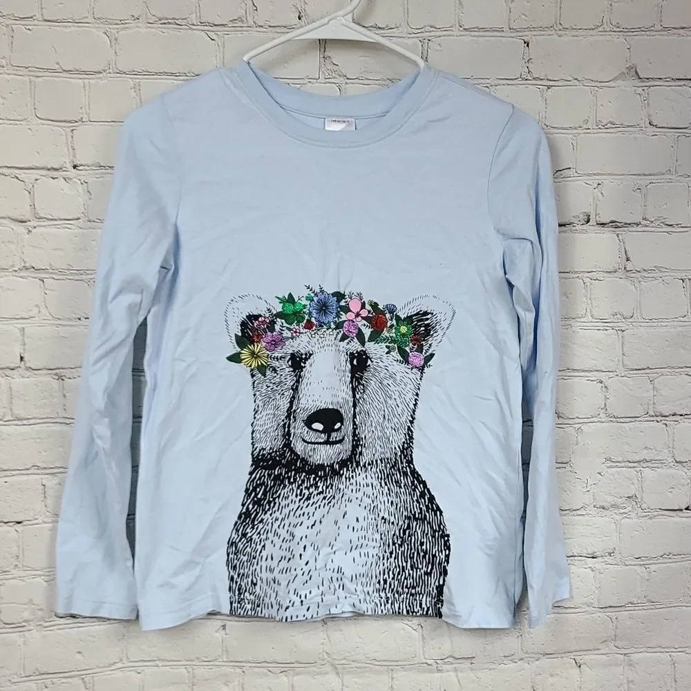 Hanna Andersson Blue Long Sleeve Tee Shimmery Flower Halo on a Bear 150/Girls 12
